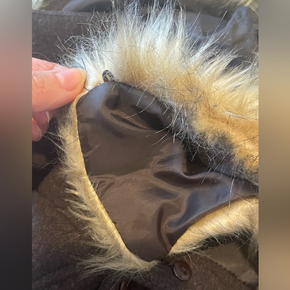 Brown Pea Coat with Faux Fur Hood - Picture 10 of 11
